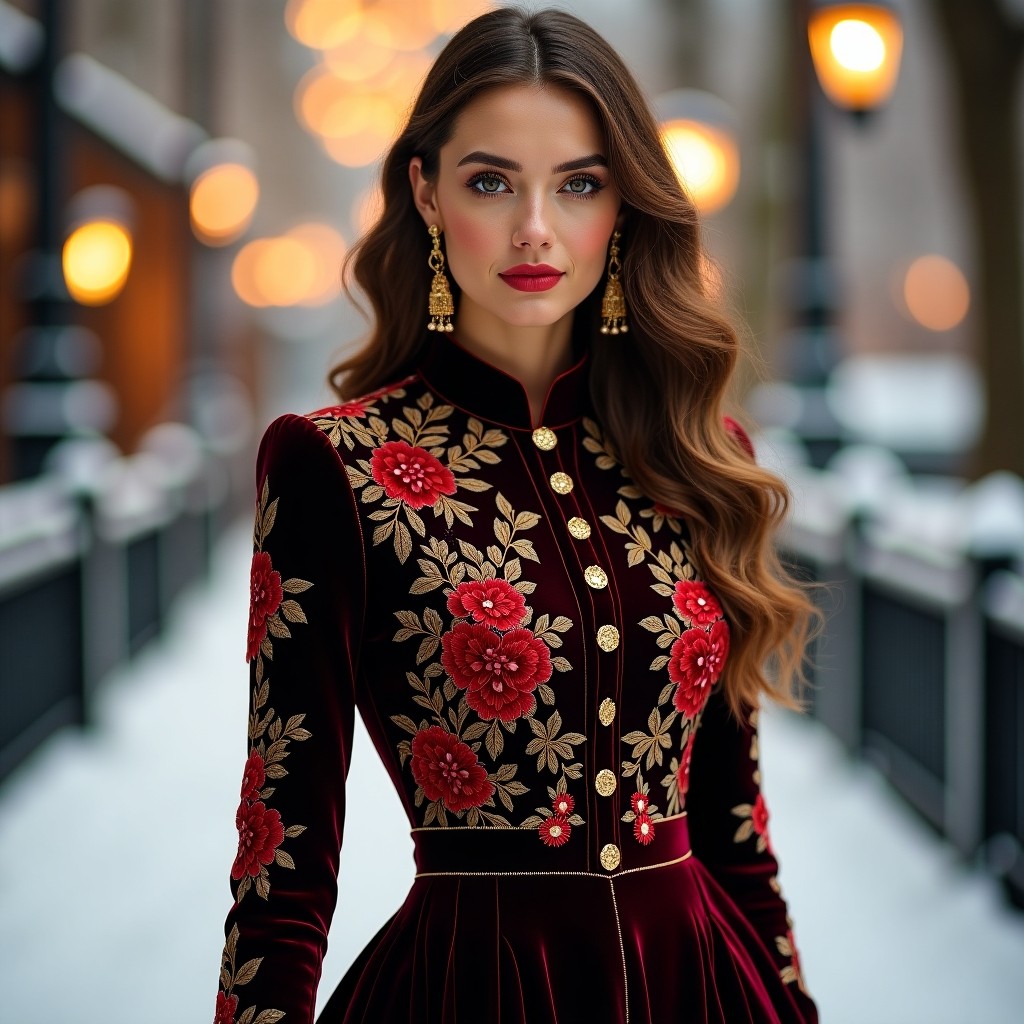 Luxury Scarlet Floral Velvet Designer Dress