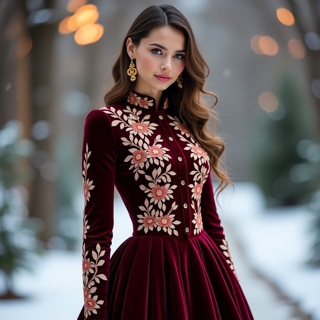 Prestige Crimson Velvet Embroidery Fashion Dress
