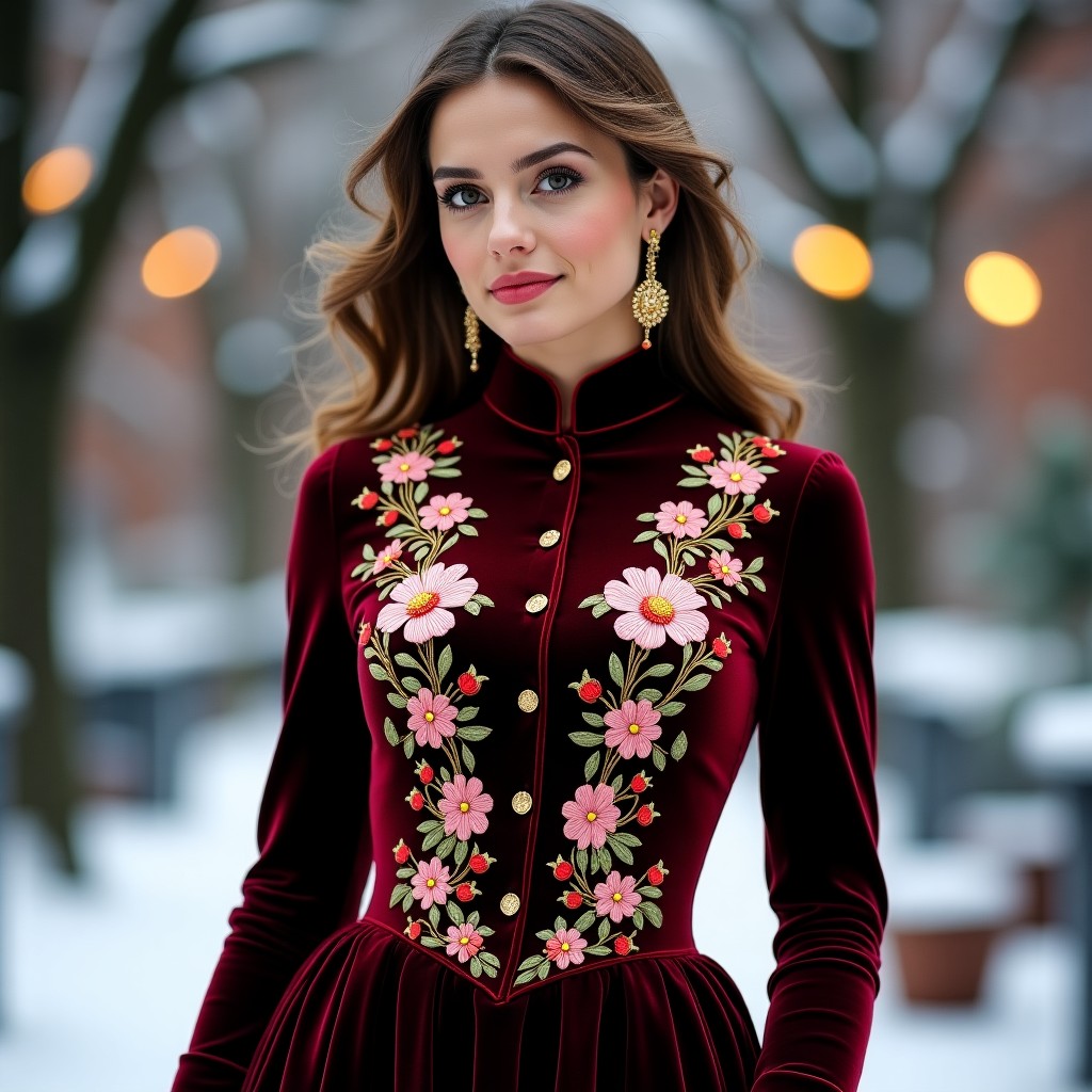 Platinum Burgundy Velvet Couture Dress with Floral Embroidery