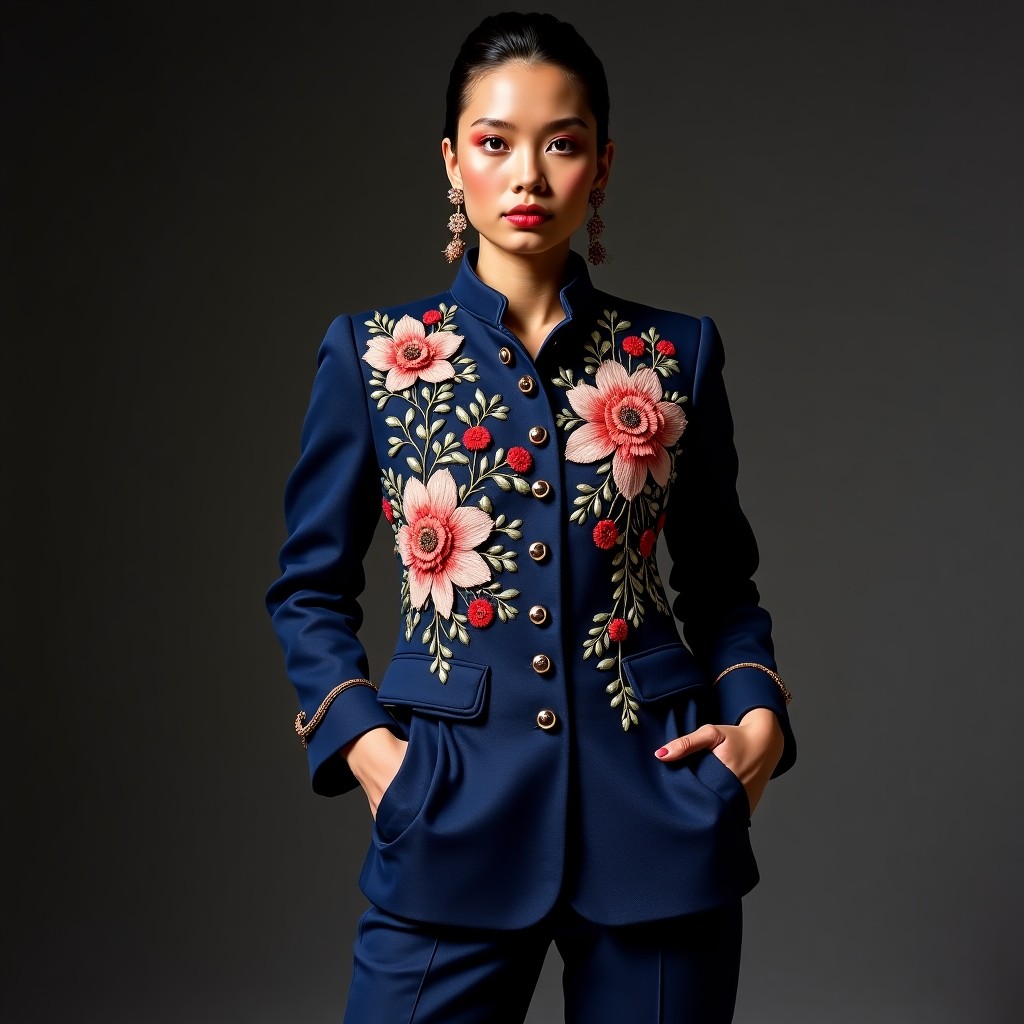 Elegant Navy Blossom Embroidered Designer Jacket