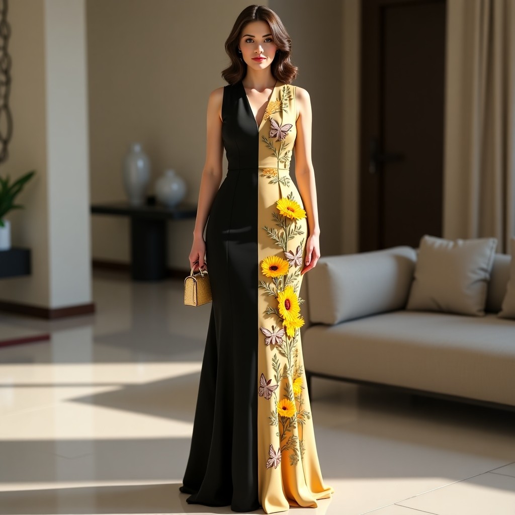 Diamond Signature Golden Orchid Embroidered Sleeveless Couture Dress