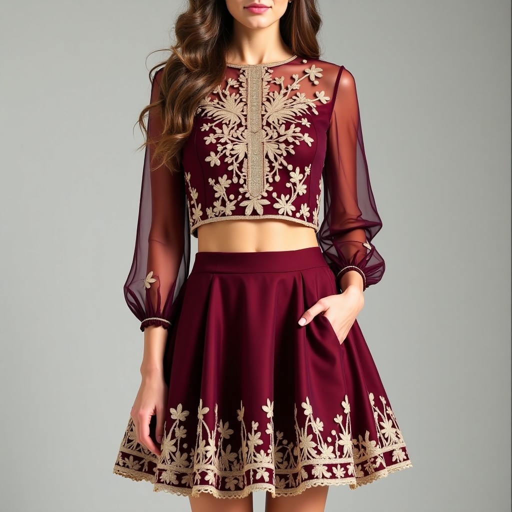 Royal Blossom Elegance Floral Embroidered Skirt & Crop Top Set