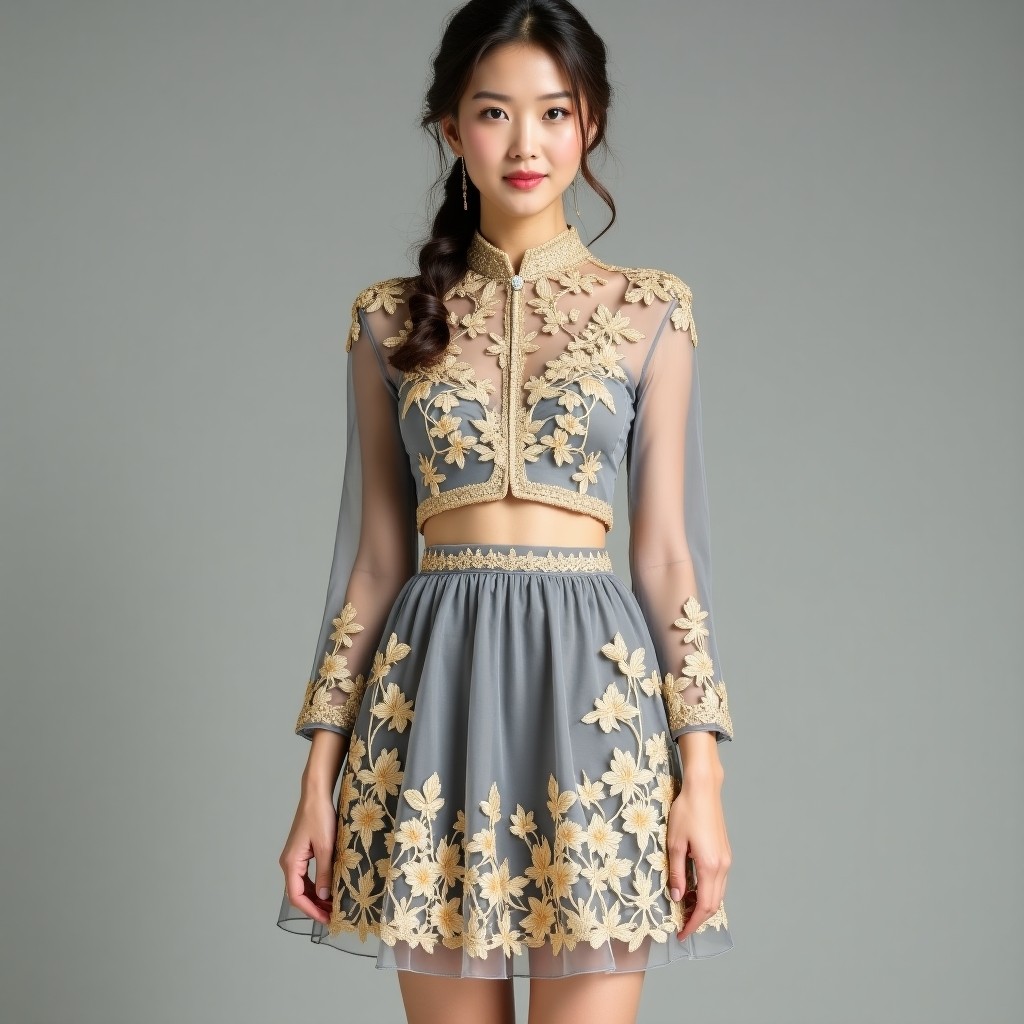 Luxury Regal Petal Embroidered Women's Skirt & Crop Top Set