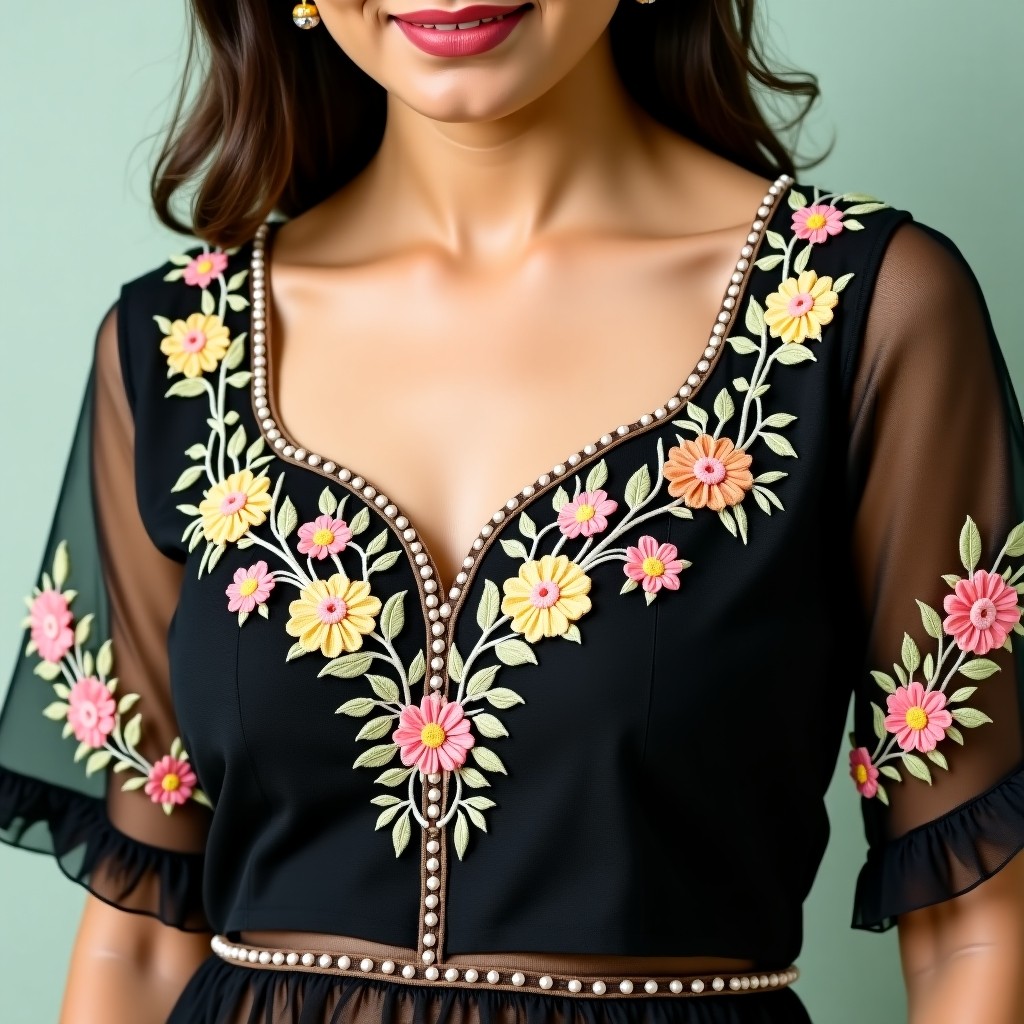 Royal Vine Neckline Floral Embroidery