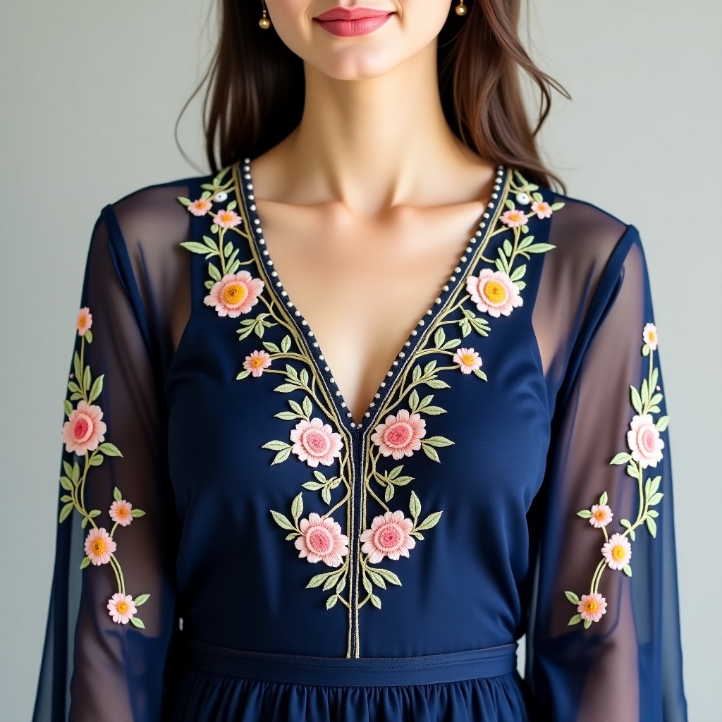 Royal Blossom Arc Neckline Embroidery