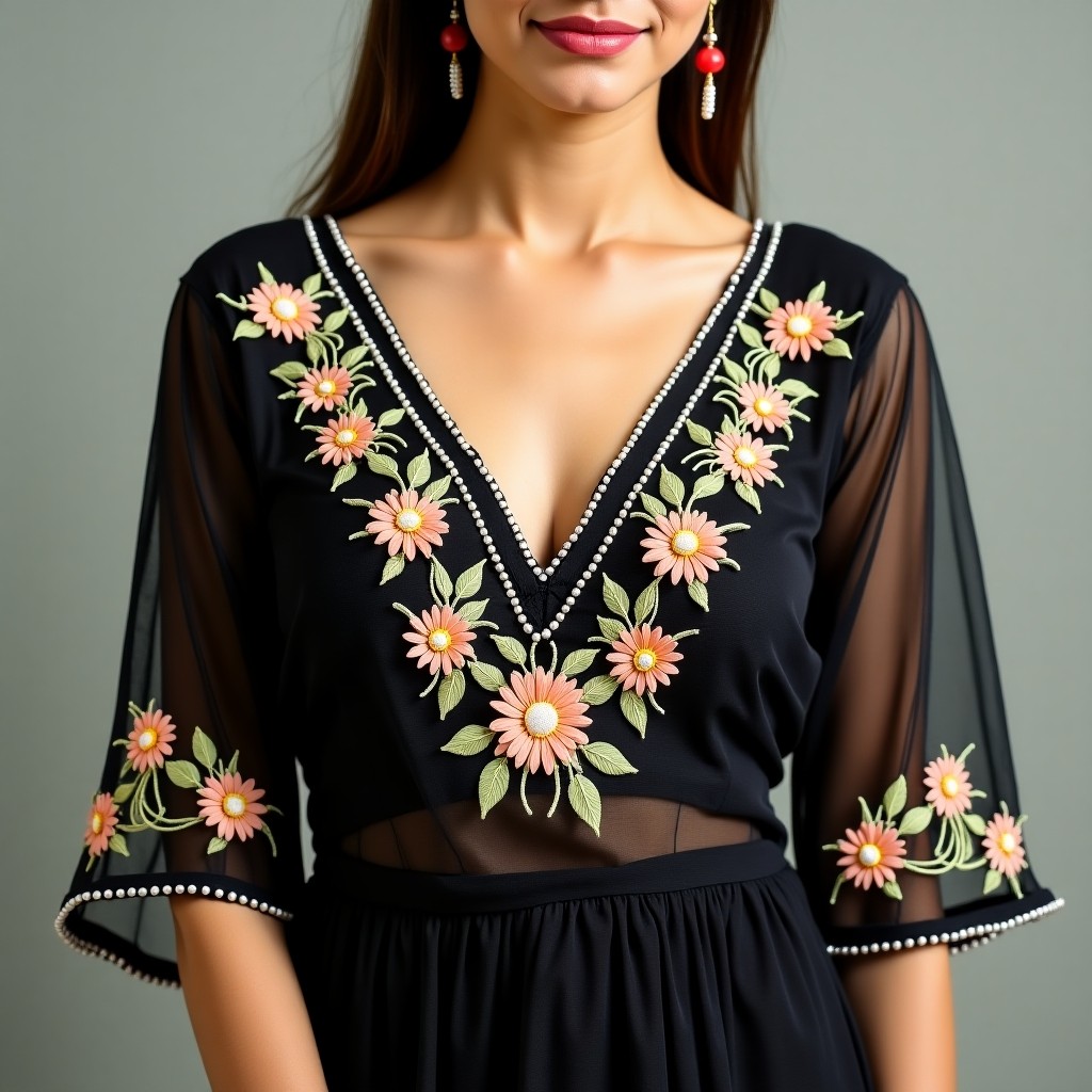 Premium Rose Bloom Neckline Embroidery