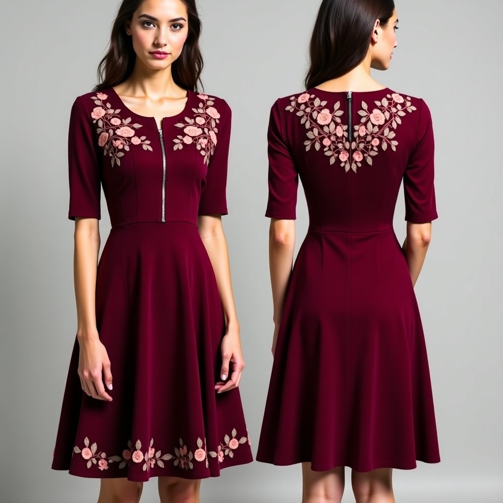 Burgundy Floral Embroidery Abaya Evening Dress