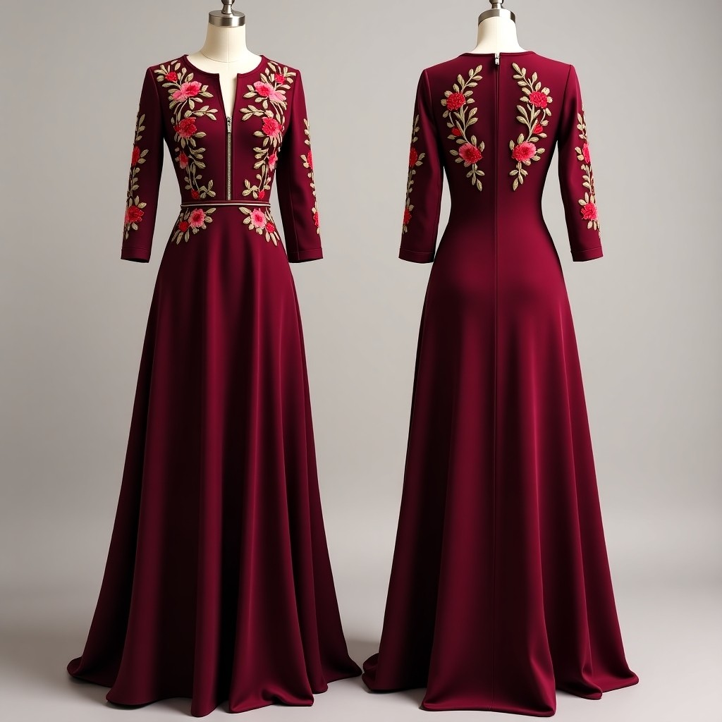 Royal Burgundy Embroidered Abaya Evening Dress