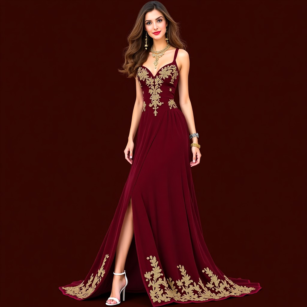 Burgundy Embroidered Floral Evening Gown
