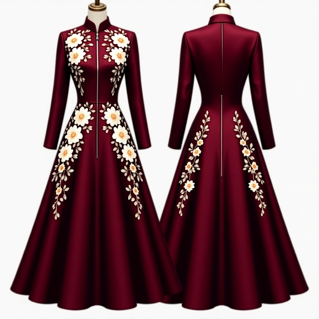 Maroon Gold Floral Embroidered Abaya Dress