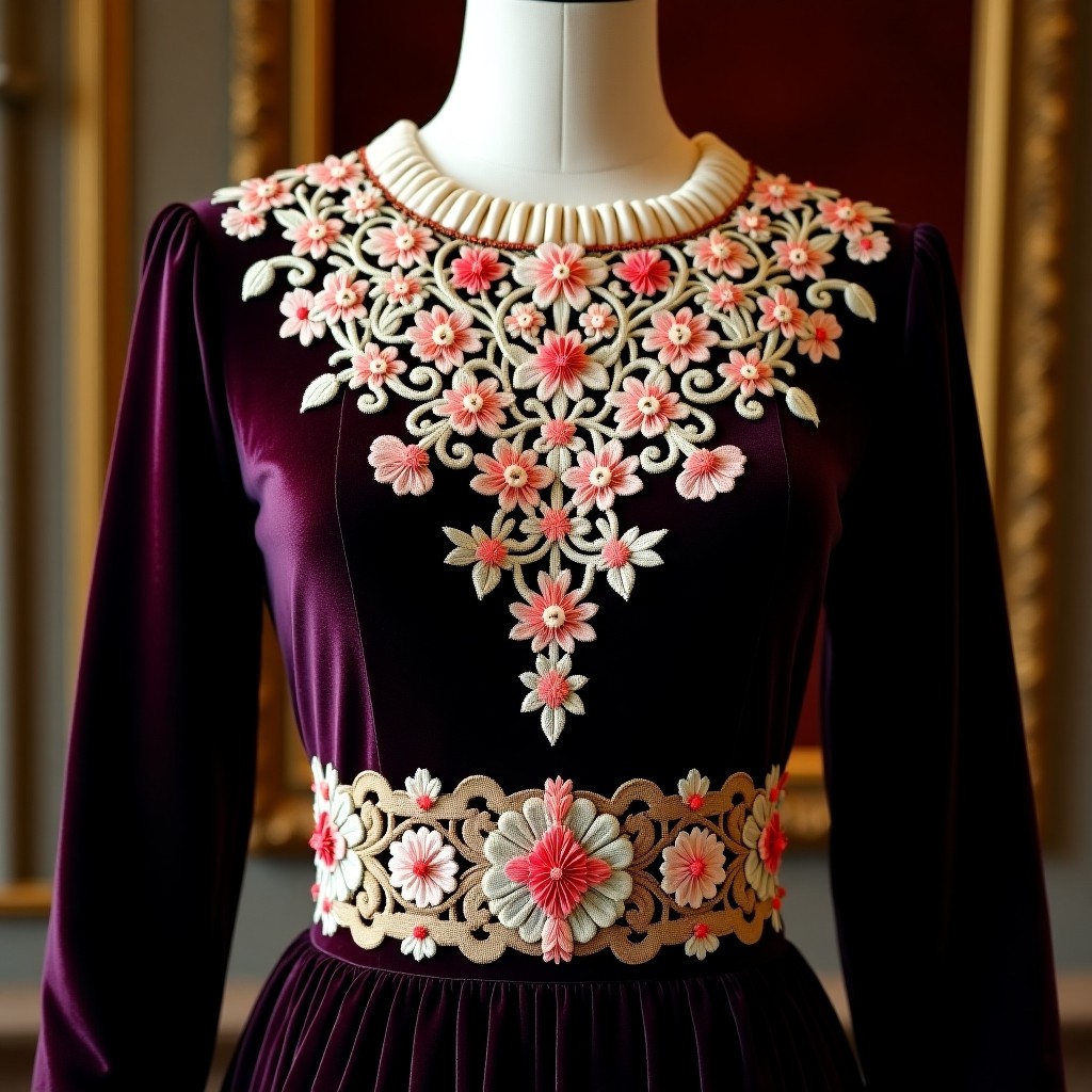 Golden Floral Royal Neck Dress