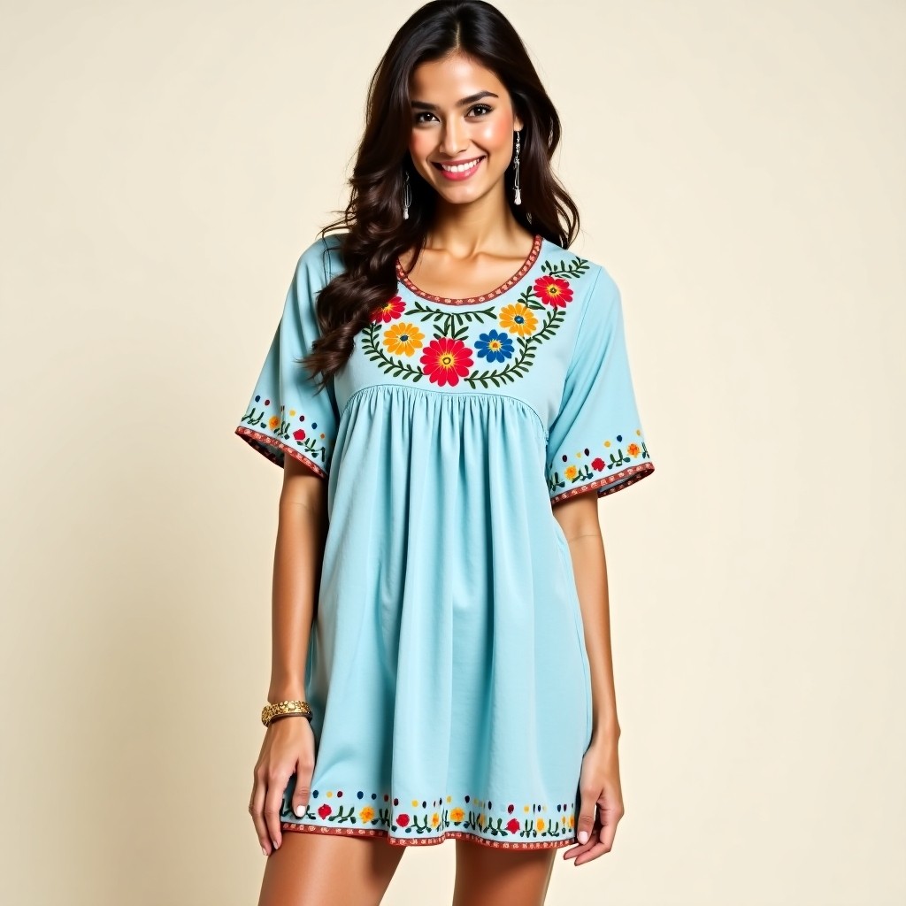 Light blue mini dress with colorful floral embroidery design - Mexican boho neckline with sleeve and hem border
