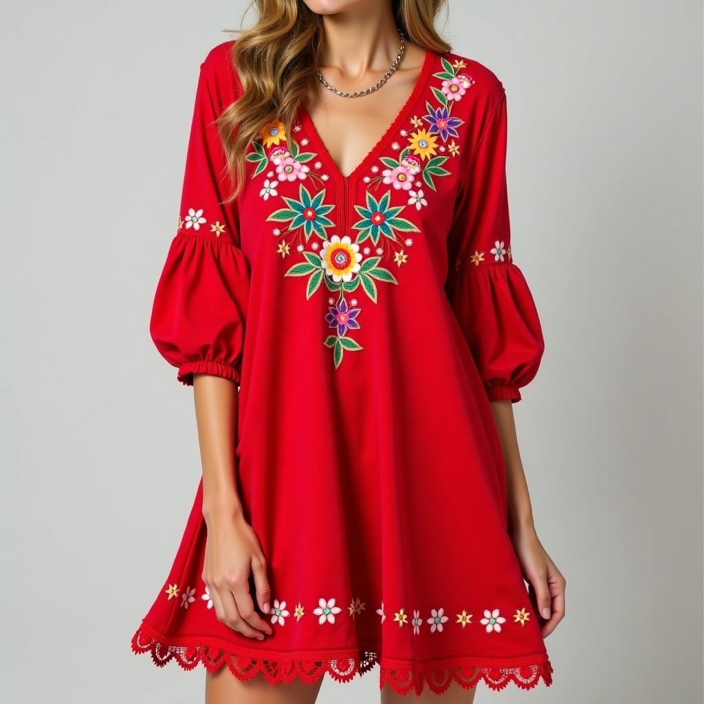 Artistic Boho Foliage Embroidered Dress