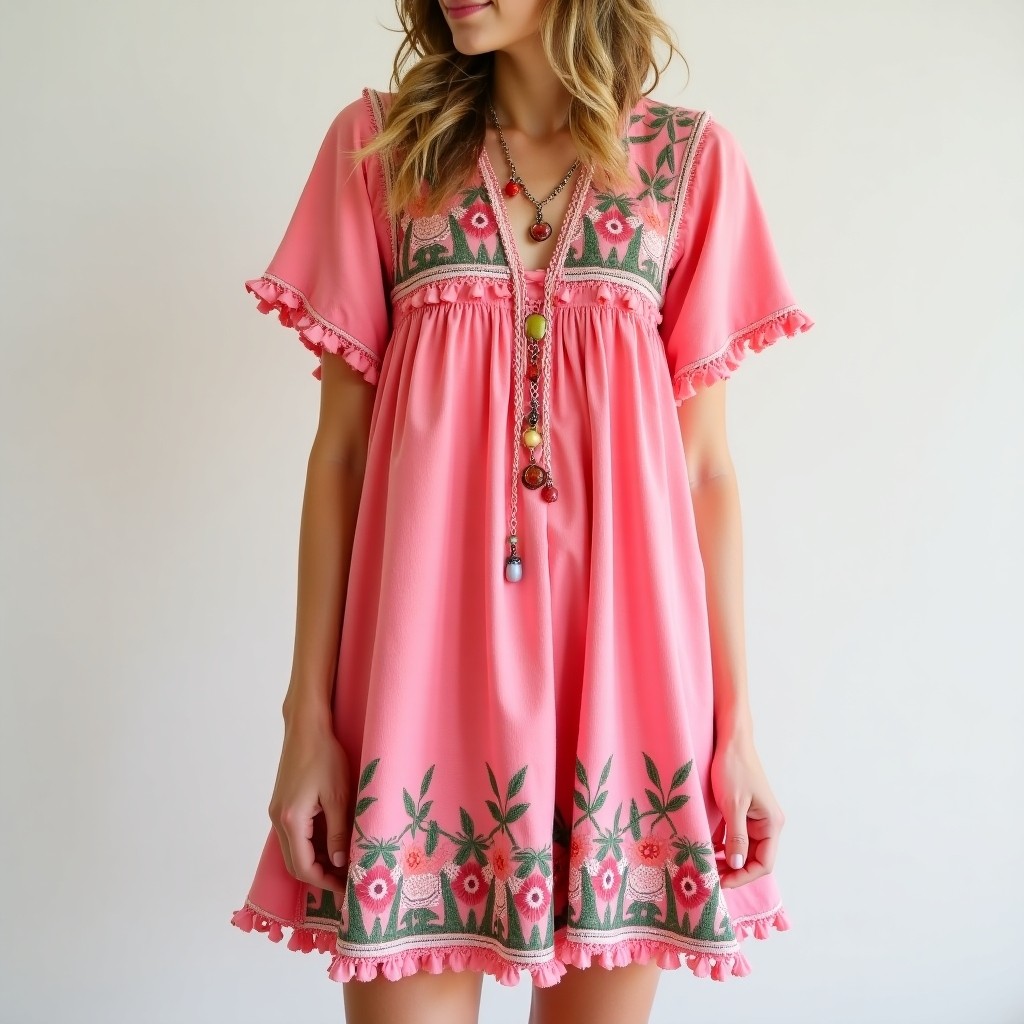 Boho Botanical Embroidered Loose-Fit Dress