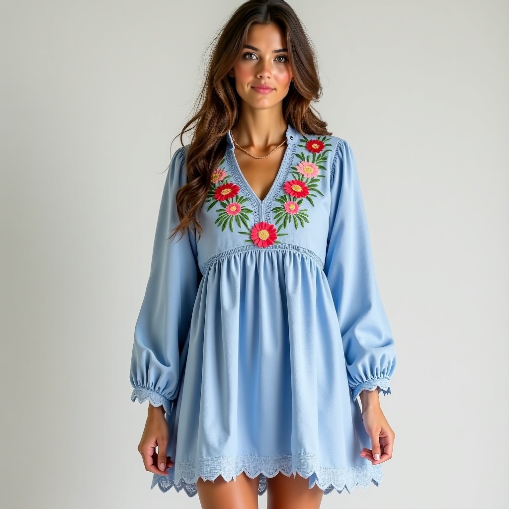 Bohemian Floral Embroidered Gathered Dress