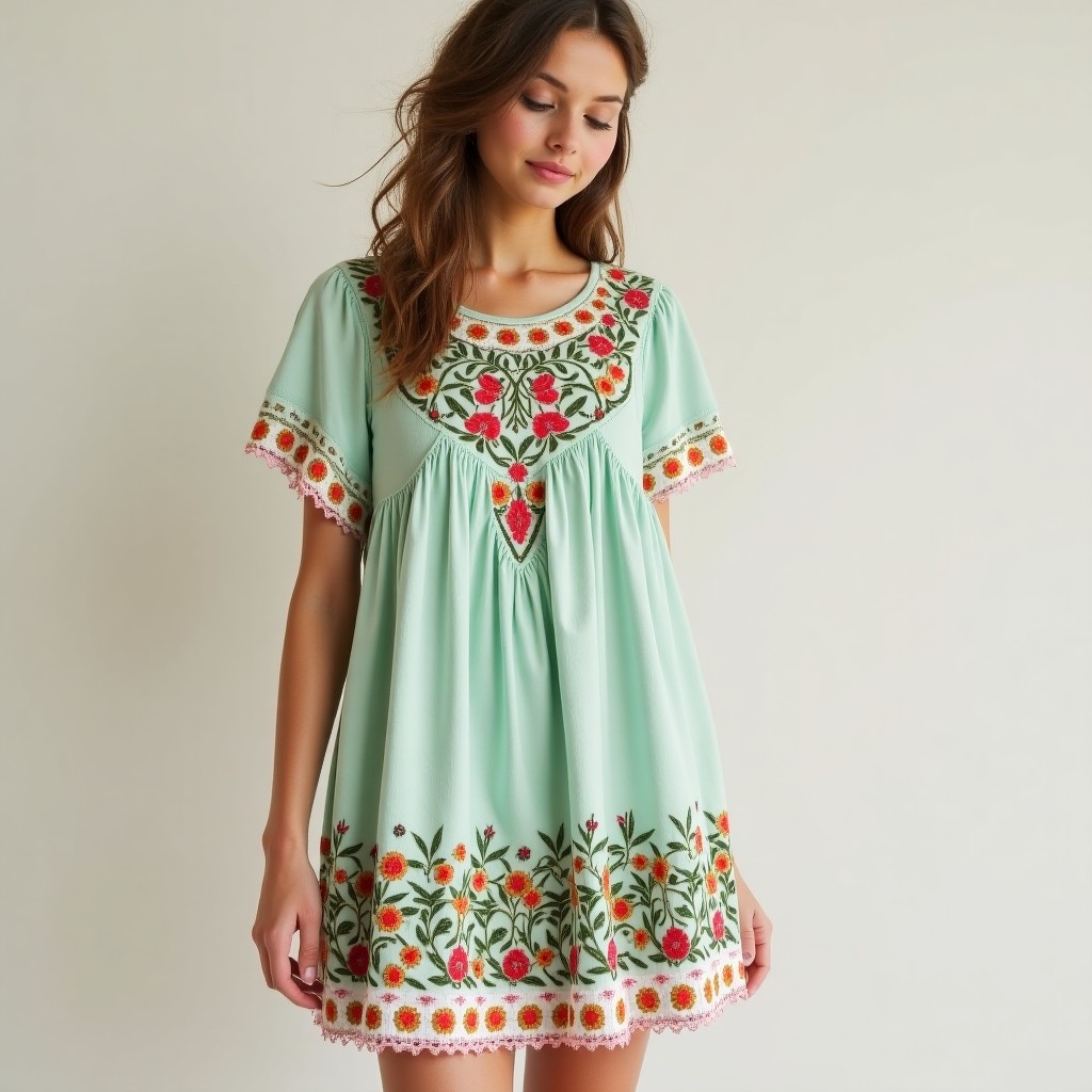 Bohemian Leaf Blossom Embroidered Flowy Dress