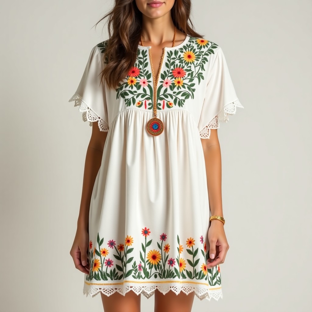 Boho Free-Spirit Botanical Embroidered Dress