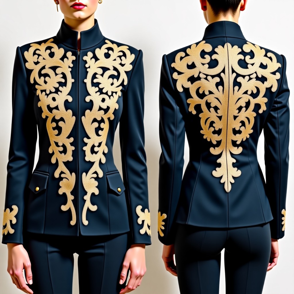 Luxury Curved Vine Embroidered Jacket Dress