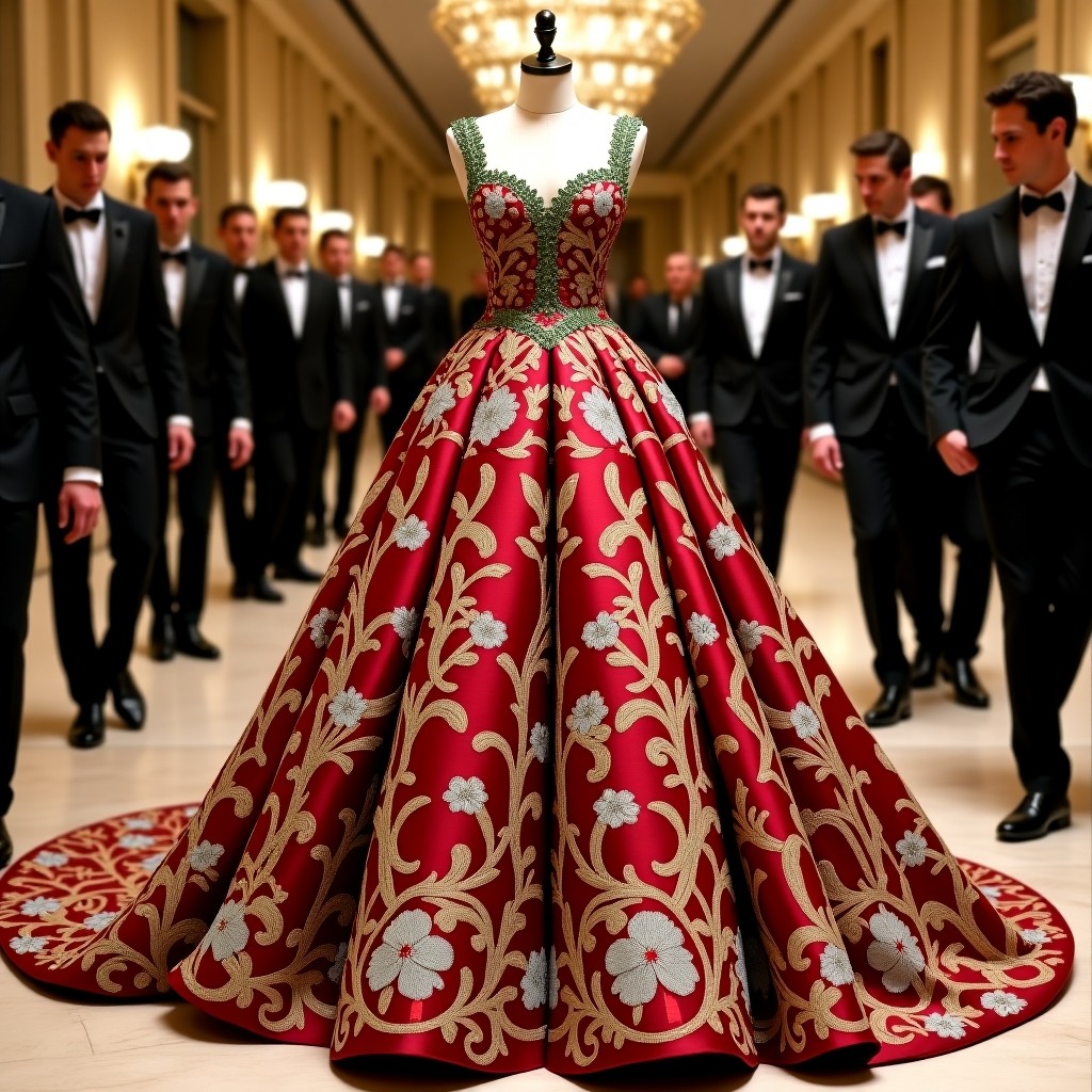 Luxury Floral Scroll Embroidered Evening Gown